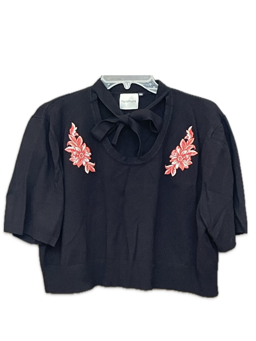 Royal Monk black short sleeve sweater top tie neck red & white floral appliqué